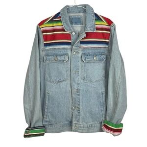 Handmade Boho Southwestern Blanket Stripe Serape Denim Jacket Size Large